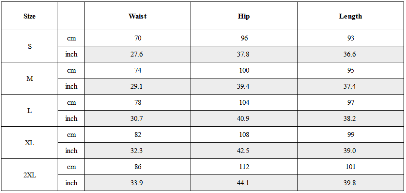 Size Guide for Streetwear Side Drawstring Jogger Pants
