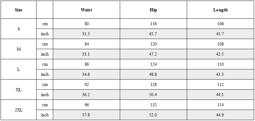 Size Guide for Wide-Leg Draw-String Camo Cargo Pants