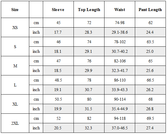 Size Guide for CBP-038-X｜Cyberpunk Techwear Set Top / Bottom