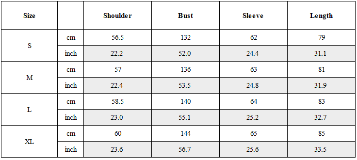 Size Guide for Functional Multi-Pockets Unisex Winter Techwear Jacket