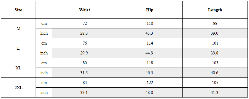 Size Guide for Functional Multi-Zip Large Pockets Cargo Pants