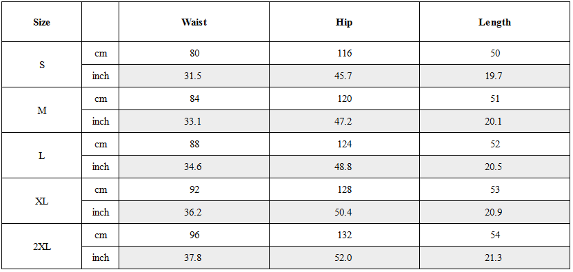 Size Guide for Retro Camo Multi Pocket Buckle Shorts