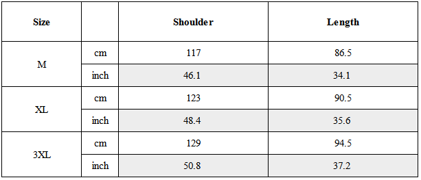 Size Guide for Techwear Loose-Fit Batwing Waterproof Cape Coat
