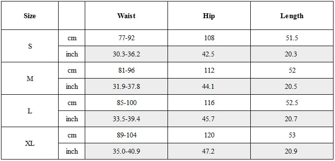 Size Guide for Metallic Honeycomb-Pocket Quick-Dry Water-Repellent Shorts