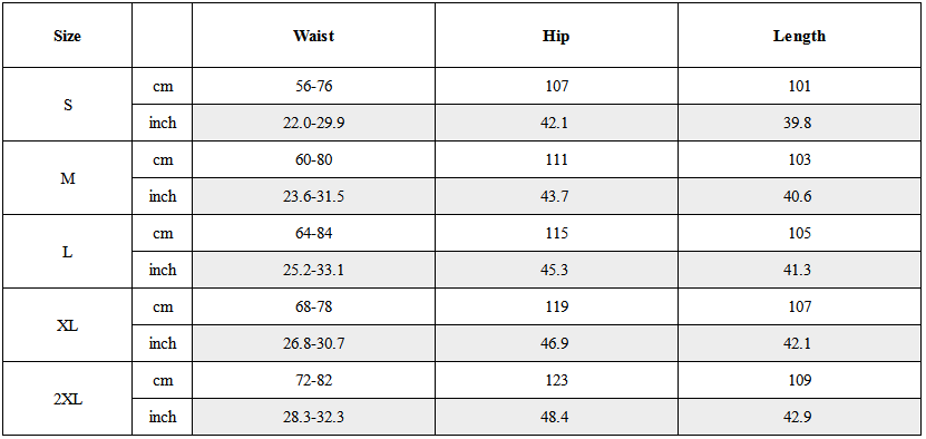 Size Guide for Functional Laser Colorful Reflective Pants