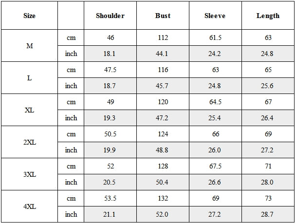 Size Guide for Techwear Vintage Winter Bomber Jacket
