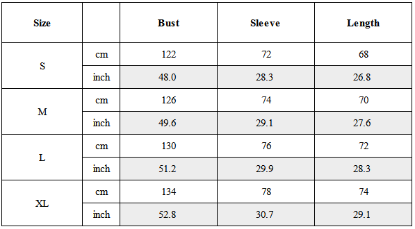 Size Guide for Tactical Kimono Mesh Spliced Jacket