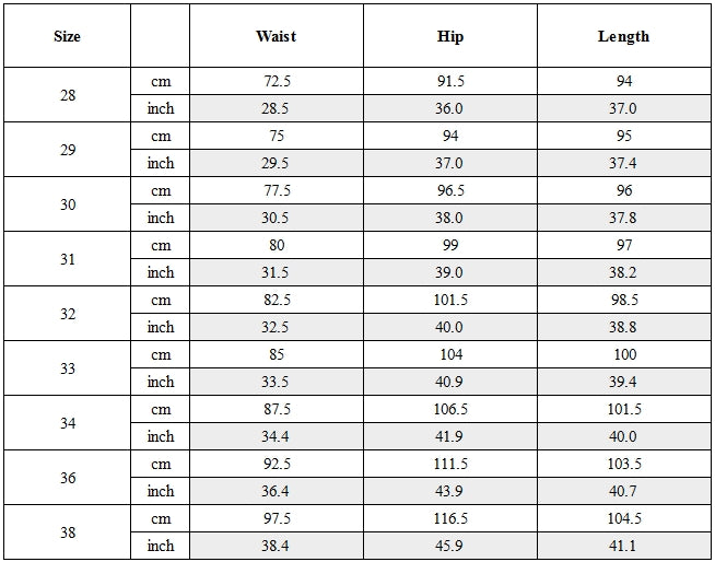 Size Guide for Multi-Pocket Techwear Cargo Cuffed Pants