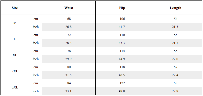 Size Guide for Techwear Multi-Pocket Cargo Shorts