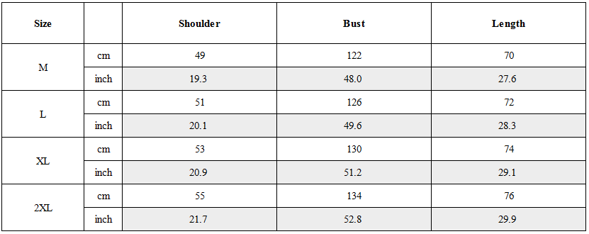 Size Guide for Outdoor Functional Stand Collar Cargo Vest