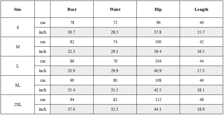 Size Guide for Reflective Rave Clothing Shiny Skirt Tank Two Piece Set