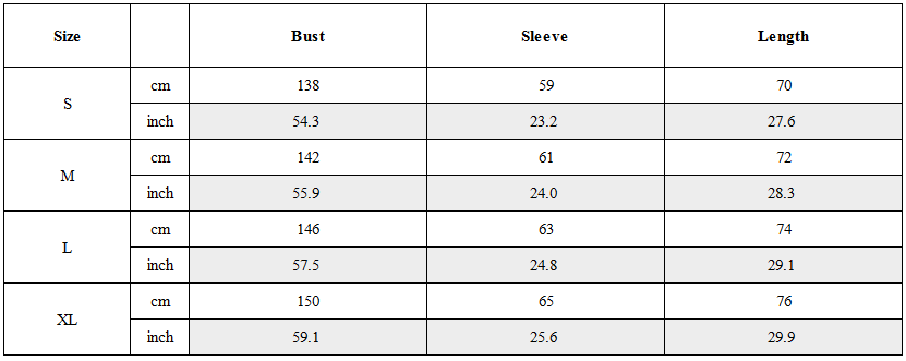 Size Guide for Reversible Water Repellent Down Jacket
