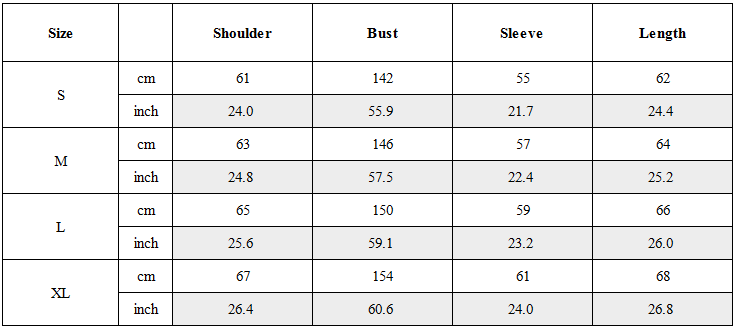 Size Guide for Stand Collar PU Drawstring Jacket
