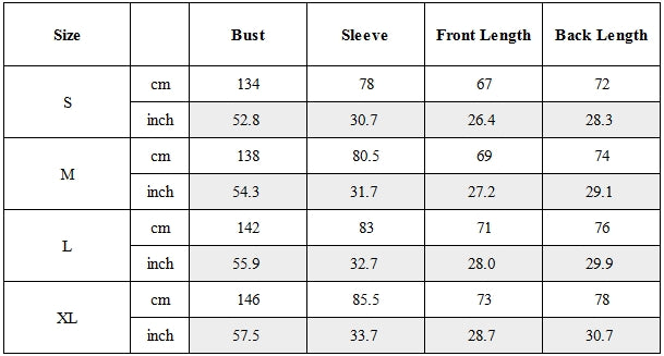 Size Guide for Detachable Placket Windproof Outdoor Jacket
