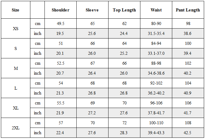 Size Guide for CBP-010-X｜Cyberpunk Techwear Set Top / Bottom