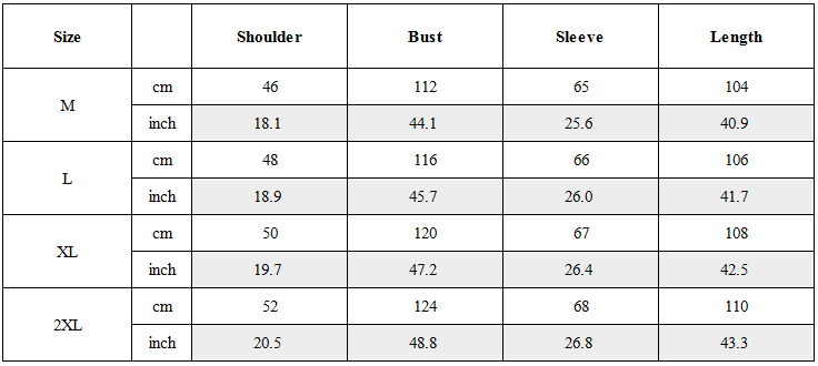 Size Guide for Wizard Gothic Double-layered Hooded Coat