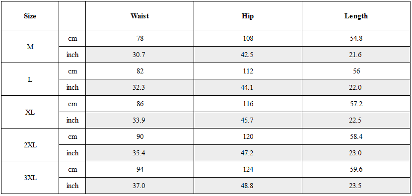 Size Guide for Functional Quick-Drying Tech Cargo Shorts