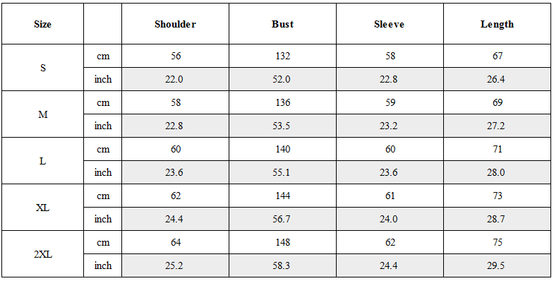Size Guide for Deconstructed Waterproof Windbreaker