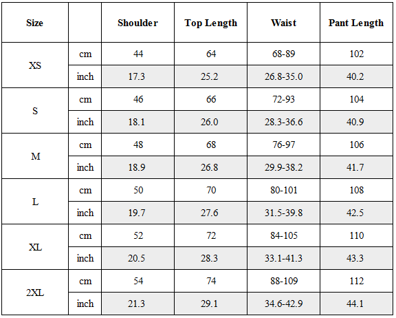 Size Guide for CBP-033-X｜Cyberpunk Techwear Set Top / Bottom