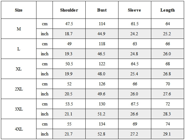 Size Guide for Functional Multi-Pocket Embroidered Bomber Jacket
