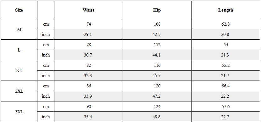 Size Guide for Techwear Pockets Patchwork Cargo Shorts