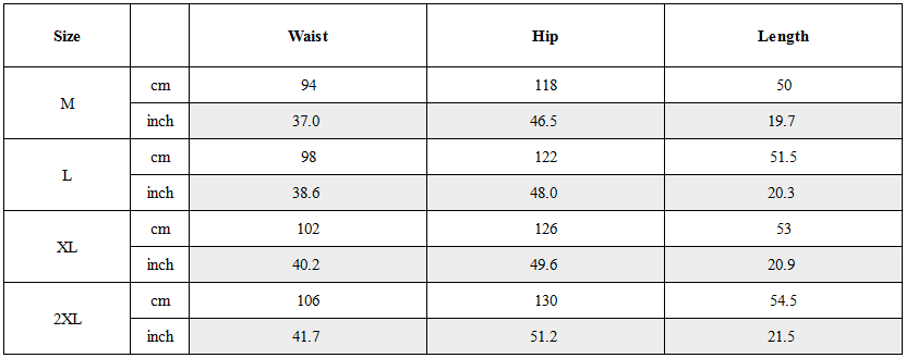 Size Guide for Techwear Vertical Zipper Cargo Shorts