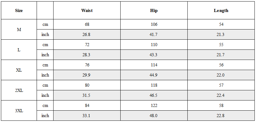 Size Guide for Functional Multi-Pocket Belt Cargo Shorts