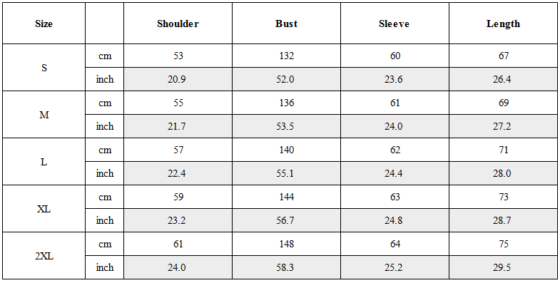 Size Guide for Spliced Drawstring UV Protection Light Jacket