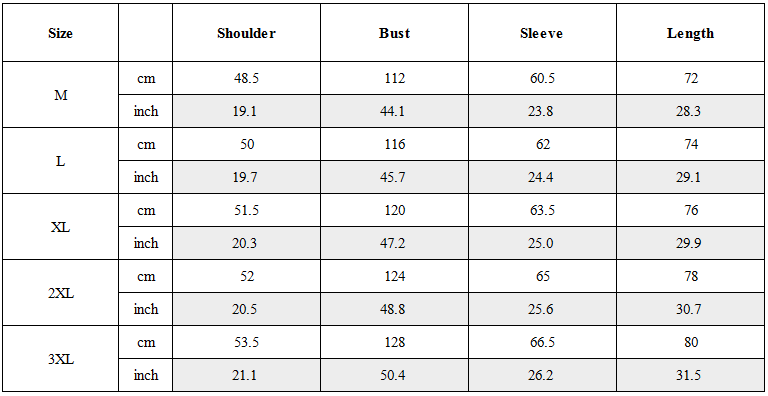Size Guide for Functional Detachable Sleeve Patchwork Shirt