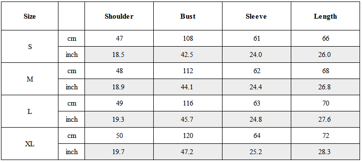 Size Guide for Dual-Placket Softshell Hooded Jacket