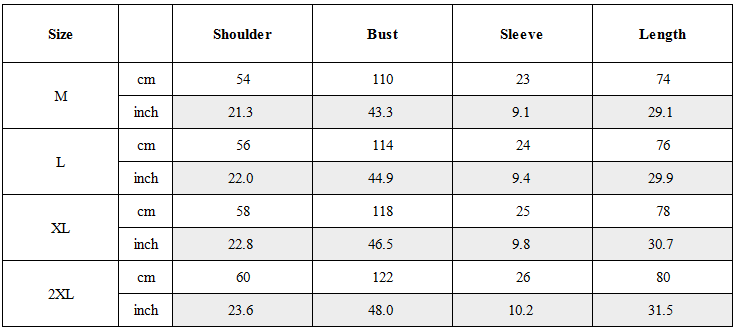 Size Guide for Functional Multi-Zip Streetwear T-Shirt