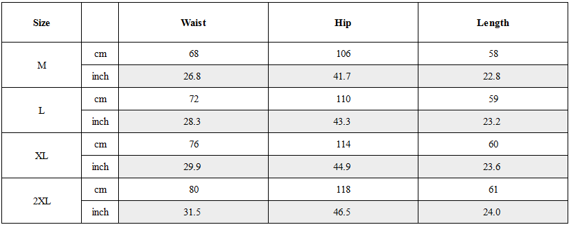 Size Guide for Techwear Pocket Tactical Cargo Shorts