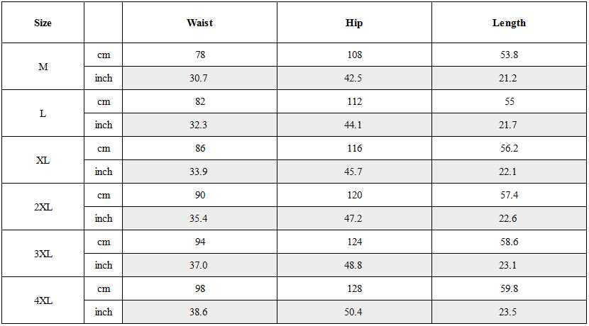 Size Guide for Functional Zipper Pockets Cargo Shorts