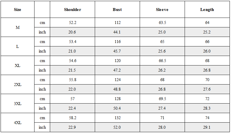 Size Guide for Functional Fake Two Piece Backpack Bomber Jacket