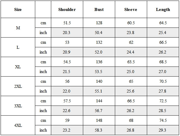 Size Guide for Tactical Two-Way Zip Cargo Jacket