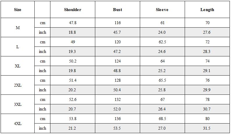 Size Guide for Multi-pocket Functional Jacket