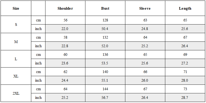 Size Guide for Structured Panel Stand-Collar Puffer