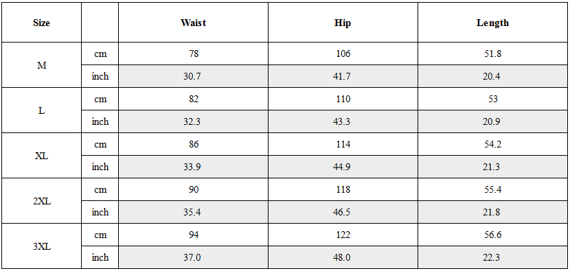 Size Guide for Functional Fake Two Piece Cargo Shorts