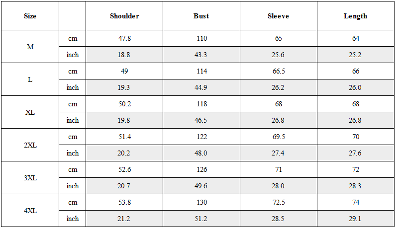 Size Guide for Futuristic Backpack Functional Bomber Jacket