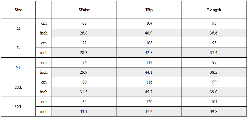 Size Guide for Techwear Black Zip Pocket Cargo Pants
