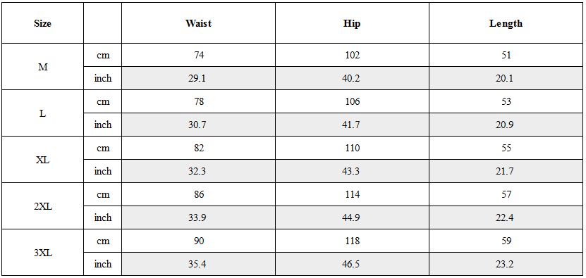 Size Guide for Techwear Multi-Pocket Cargo Shorts