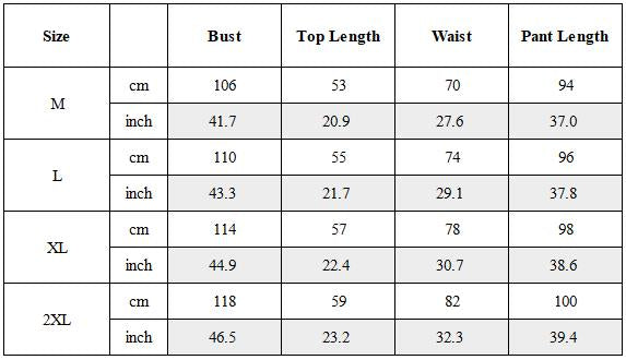Size Guide for Ninja Outfit Set Top / Bottom