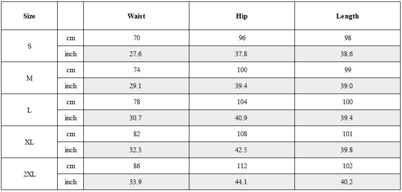 Size Guide for Streetwear Zipper Knee Cutout Cargo Pants