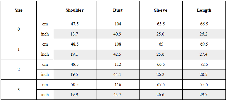 Size Guide for Utility Seam-Paneled Reversible Jacket
