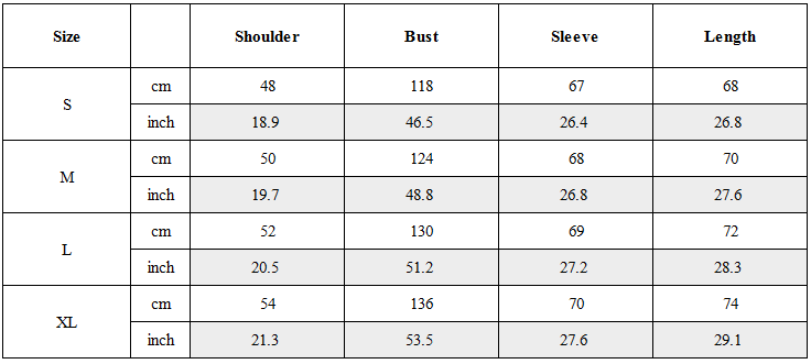 Size Guide for Post-Apocalyptic Wear Contrast Folded Trim Jacket