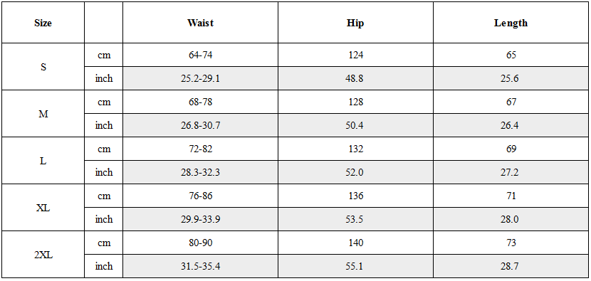 Size Guide for Curved Spliced Drawstring Shorts