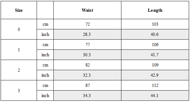 Size Guide for Distressed Hem Asymmetrical Fly Trousers