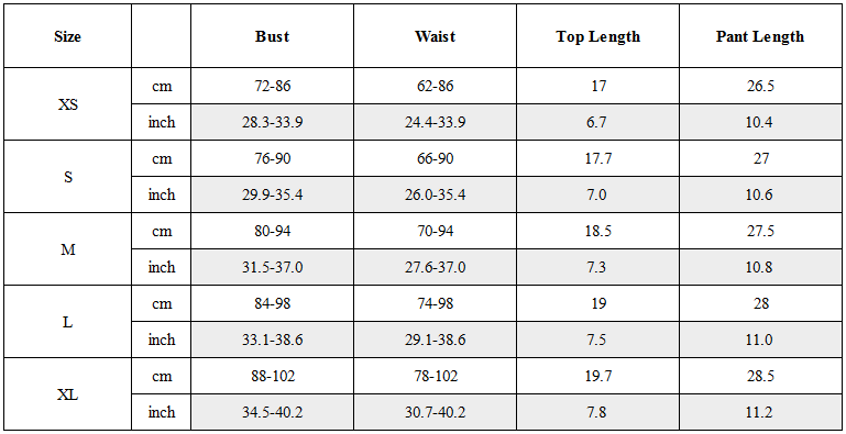 Size Guide for Reflective Rave Clothing Shiny Bikini Set