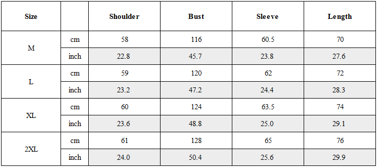 Size Guide for Streetwear Pocket Urban Hooded Jacket