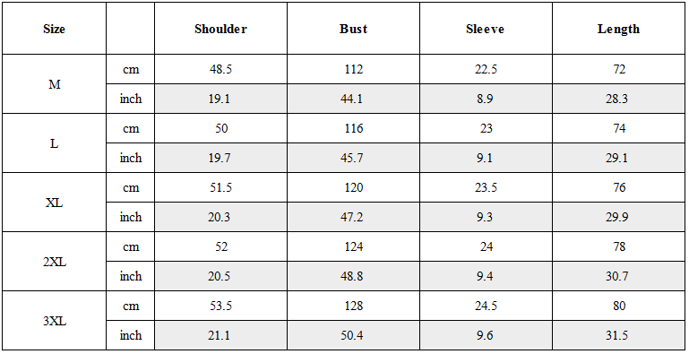 Size Guide for Functional Fake Two-Piece Short Sleeve Shirt